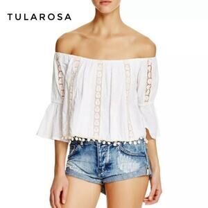 Tularosa White Off-Shoulder Crochet inlay Pom Hem Oversized Lined Eyelet Top M